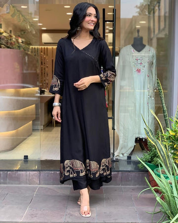 VBA Women's Black Kurti Set with Elephant Embroidery | Elegant Straight Kurta with Pants | Ethnic- Wear for Festive, Casual & Office | Long Kurti Set