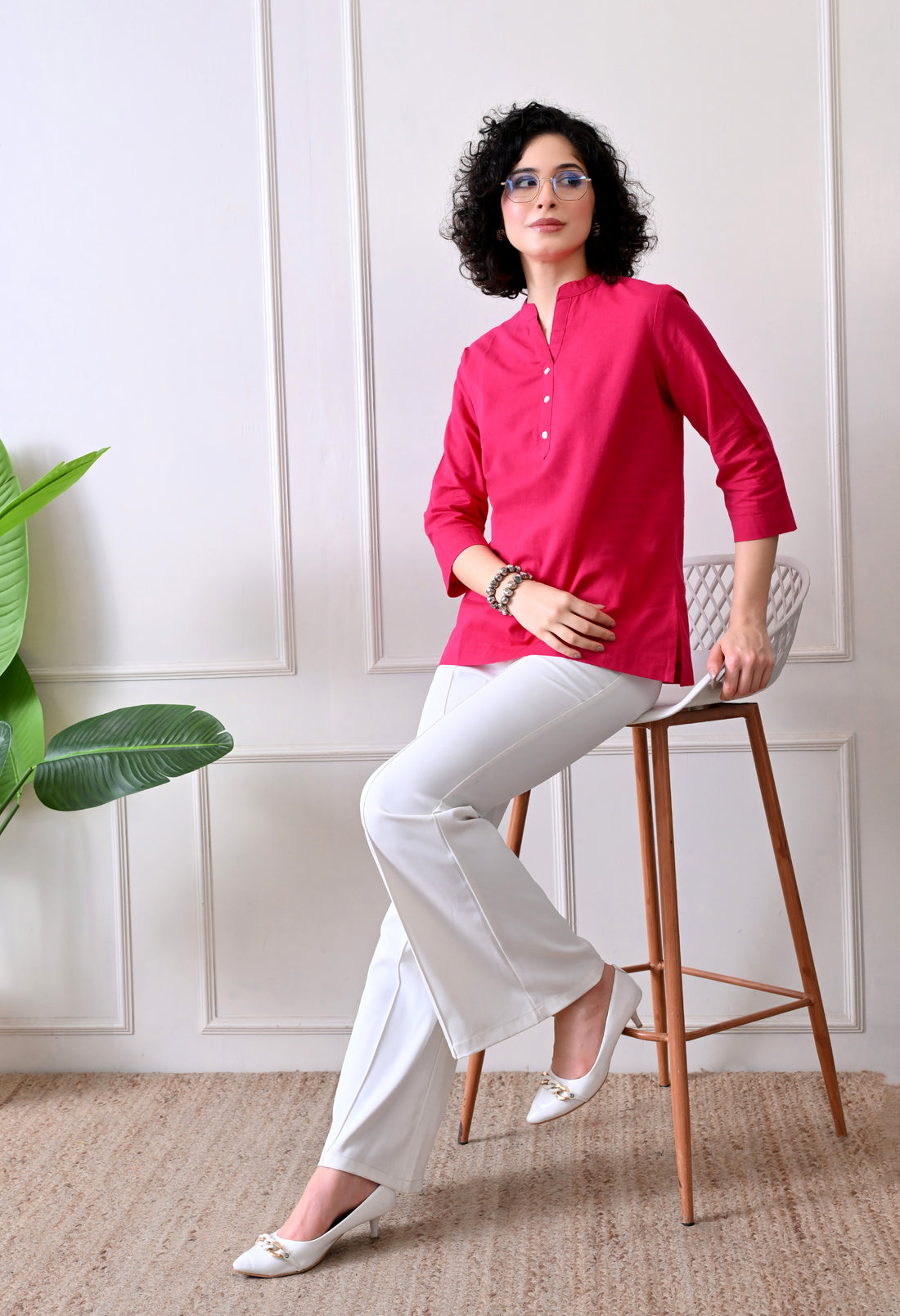 Hot Pink Airy Solid Linen Comfortable Short Kurta
