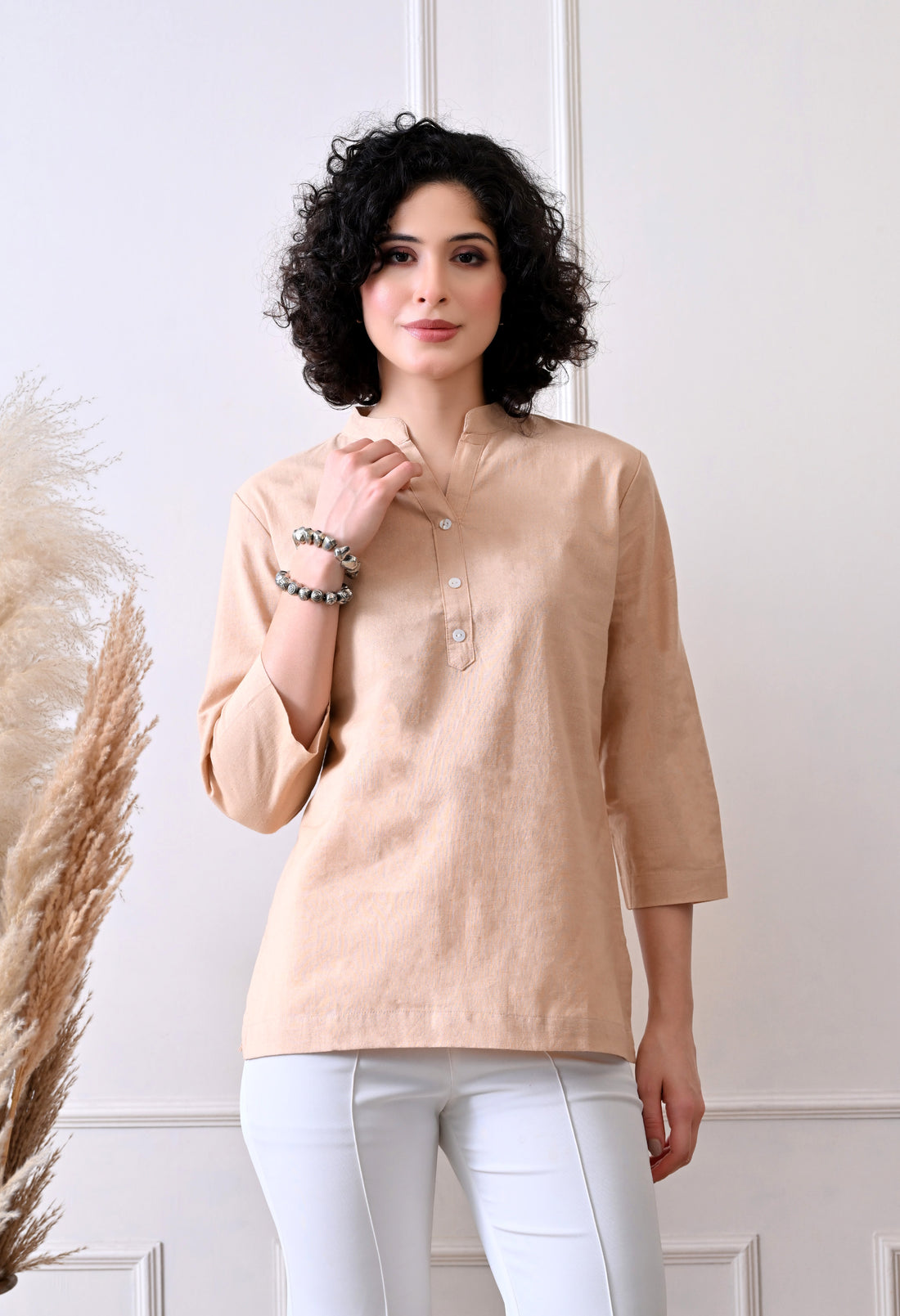 Beige Solid Linen Comfortable Short Kurta