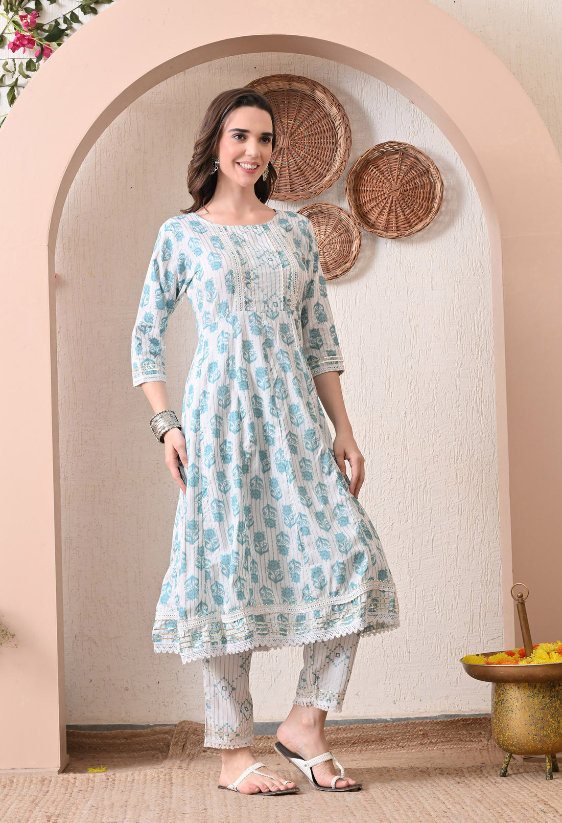 VBA White Rayon A-line Kurta Pent Dupatta Set