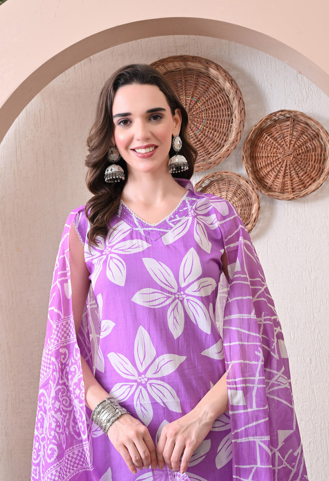 VBA Purple Sleeveless Cotton Kurta Pent Dupatta Set
