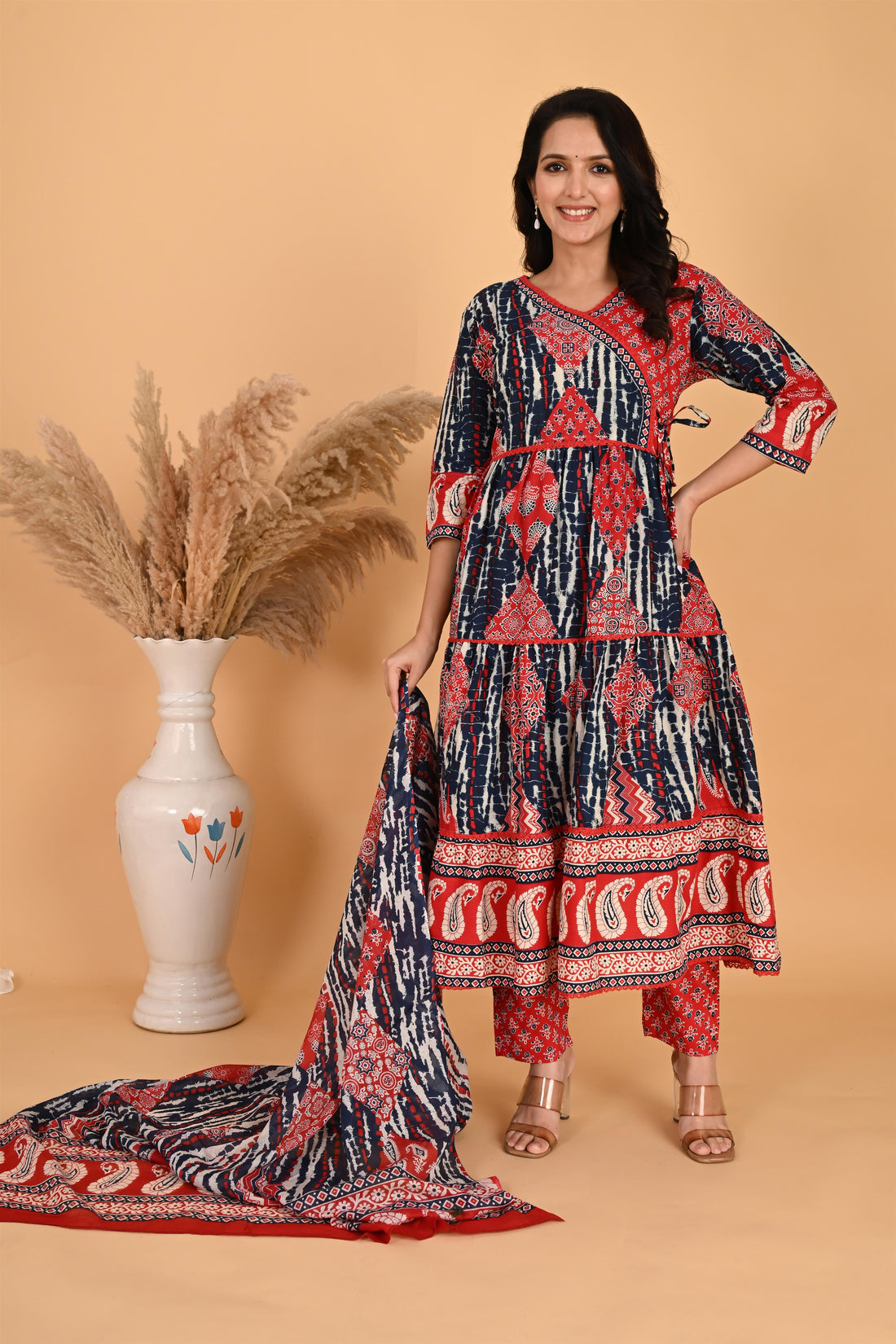 Blue and Red Cotton Anarkali Pant With Dupatta