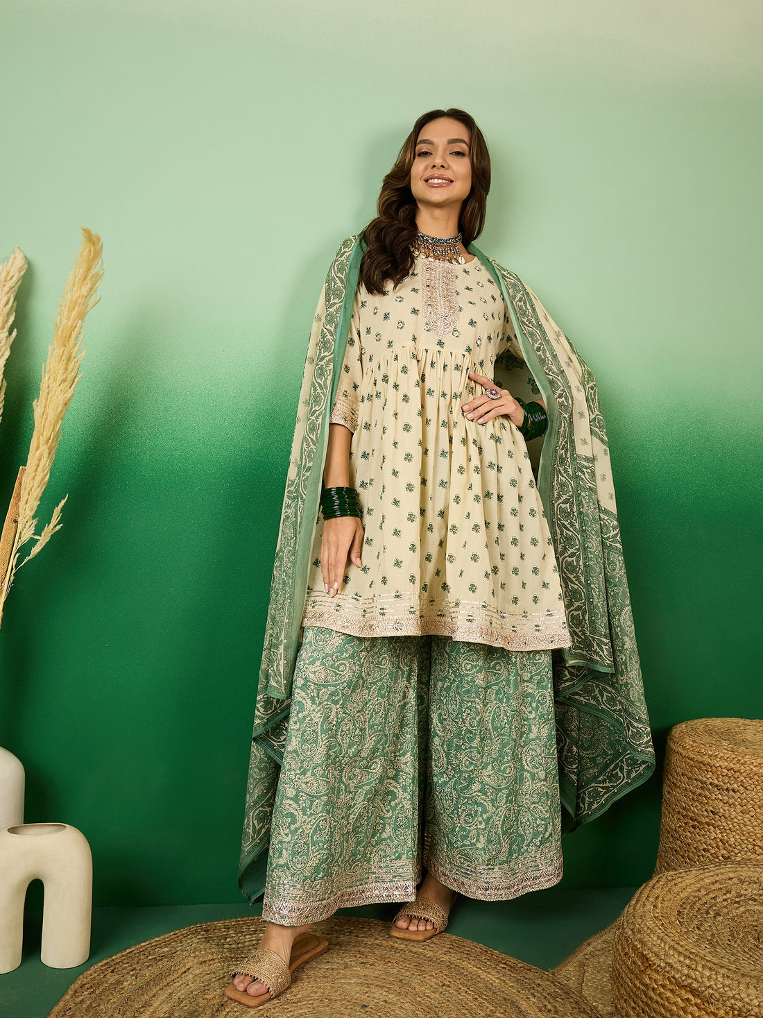Cream decoris Kurta Sharara Dupatta Set