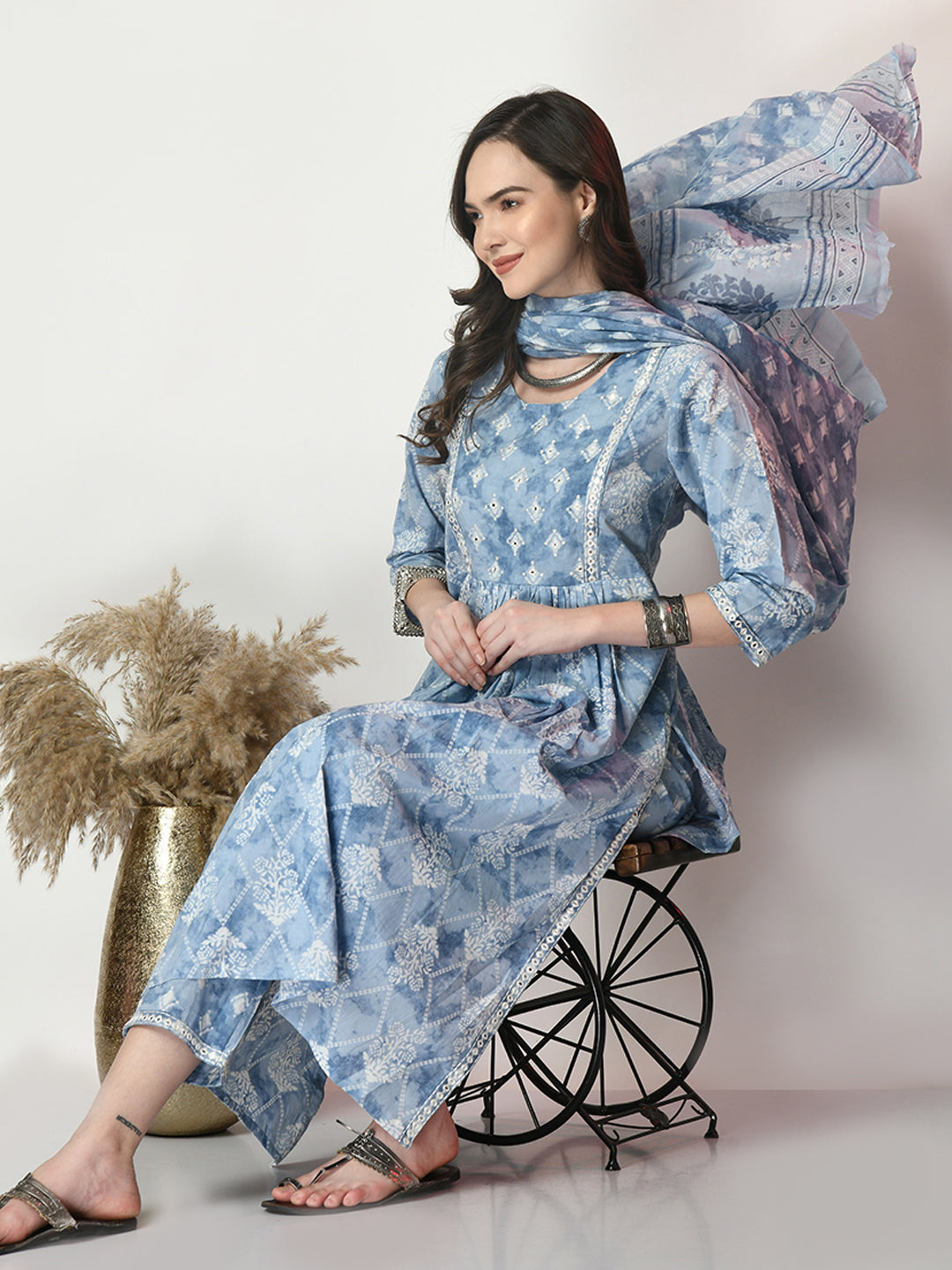 Blue Cotton Kurta Pant Attached Dupatta Set For Women