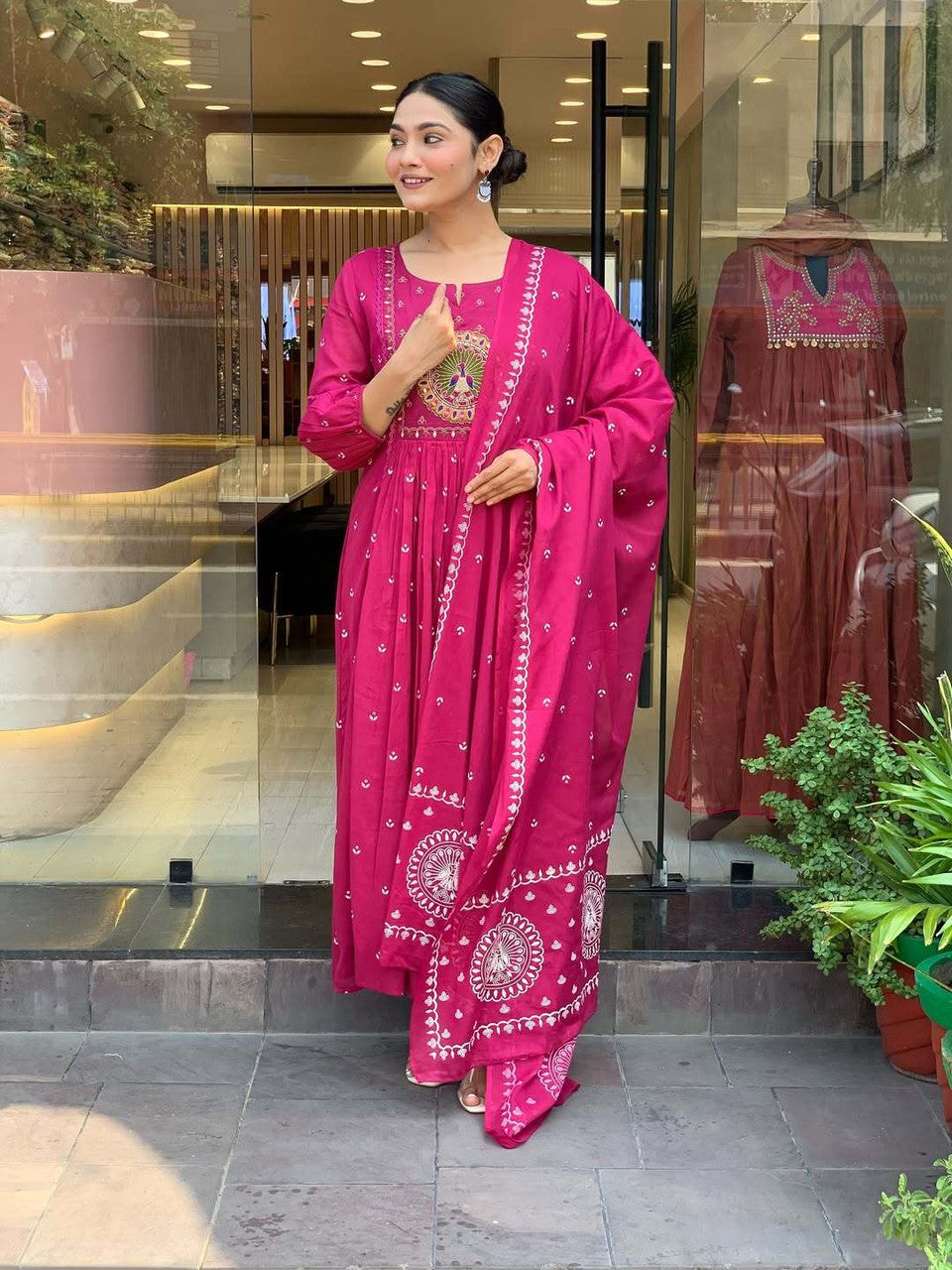 VBA Pink Peacock Embroidery Kurta Dupatta Set